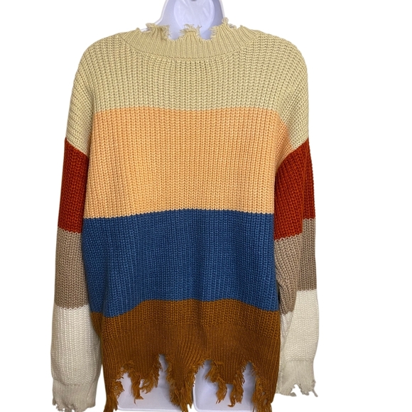Leani Warm And Cozy Distressed Color Block Sweater. - Picture 3 of 10